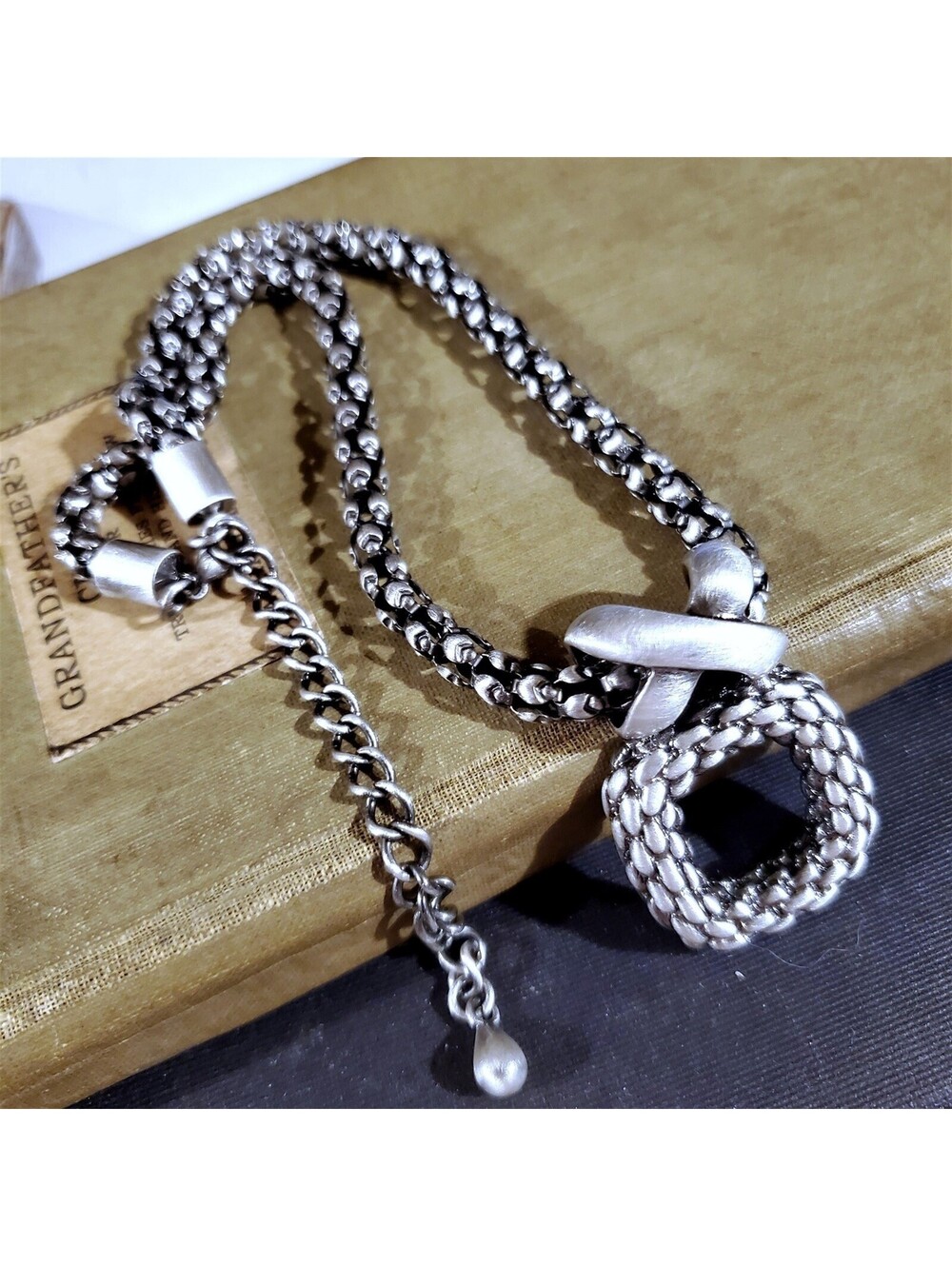Bold Modernist Antique Silver Braided Criss Cross Square Pendant Necklace - Picture 2 of 7